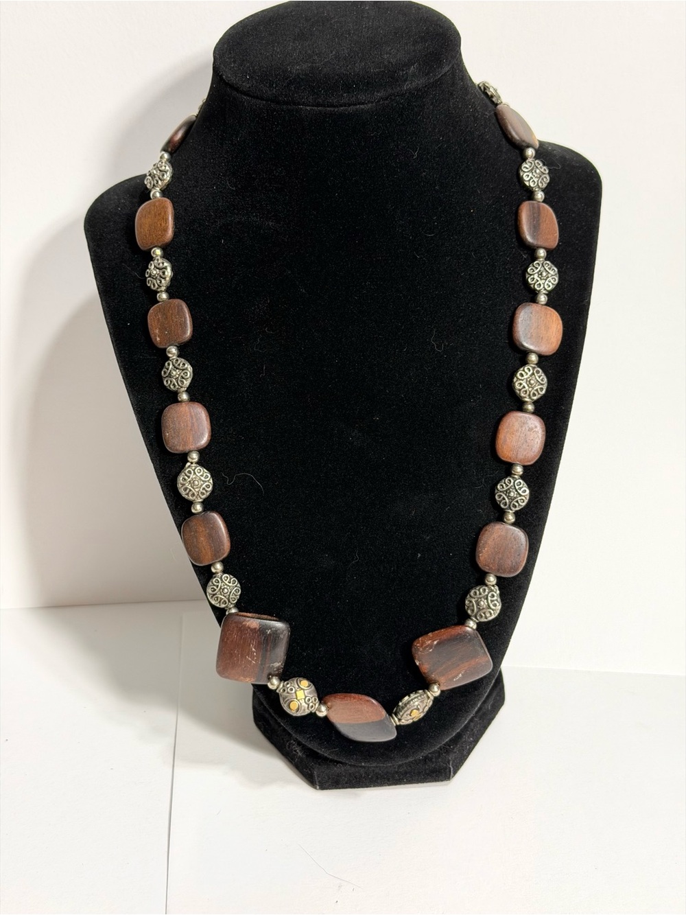 Earthy Wooden Bead Necklace Intricate Brass & Oxidized Silver Boho Forest Fairy